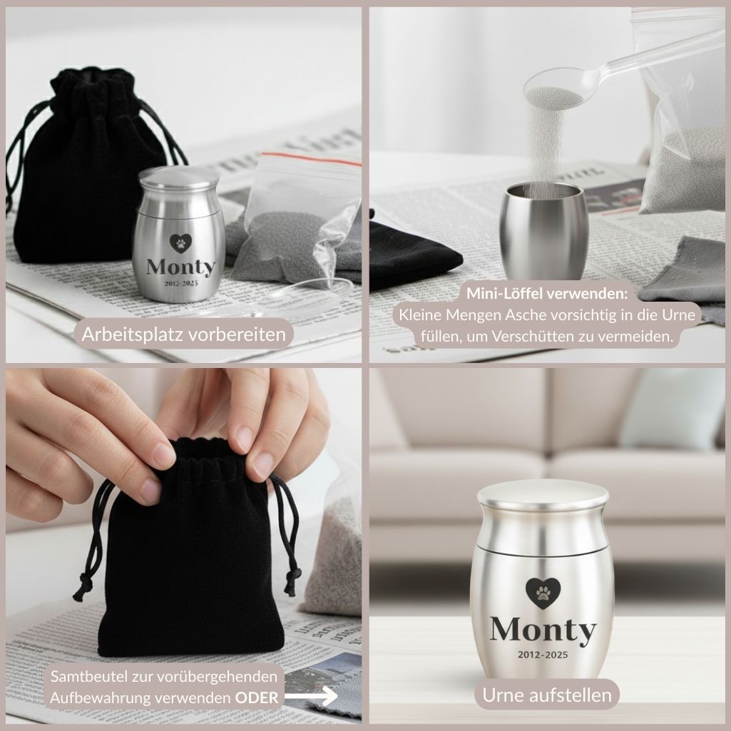 Vierbild-Anleitung zum Befüllen einer kleinen silbernen Erinnerungsurne für ein Haustier namens „Monty“ mit einem Mini-Löffel und Aufbewahrung im Samtbeutel